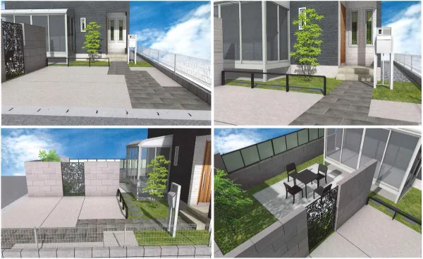 玄関アプローチ 床タイル貼り 機能門柱移設 駐車場ガレージ床 土間コンクリート デザイナーズパーツ 目隠し塀 壁タイル貼り デザインパネル 人工芝 防草シート加工 タイルデッキ 目隠しフェンス塀