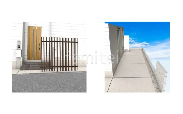 玄関アプローチ-機能門柱-駐車場土間