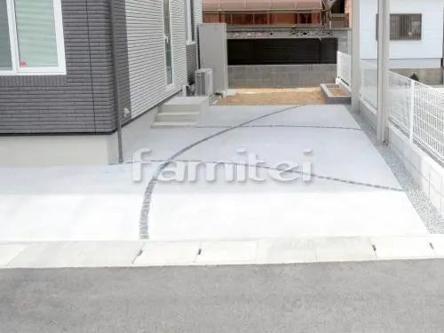 駐車場ガレージ床 土間コンクリート ピンコロ石目地 カーブ曲線デザイン