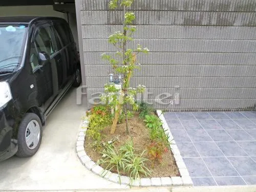 シンボルツリー ホンコンエンシス 常緑樹 植栽 下草 低木 ピンコロ石花壇 カーブ曲線デザイン