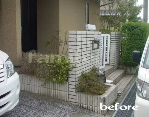 橋本市　リフォーム外構　植栽・花壇撤去　ブロック門柱設置