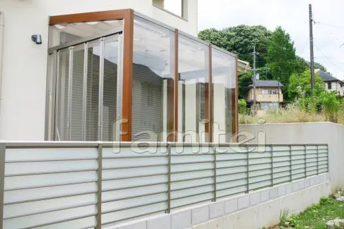 京都市　オープン外構　シンプル門柱　石柱　カーポート１台用　サンルーム