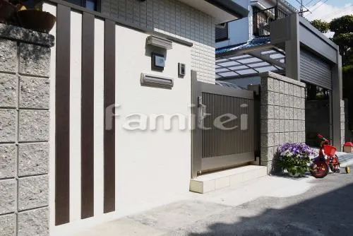 和泉市　クローズ外構　塗り壁門柱　電動シャッターゲート　カーポート