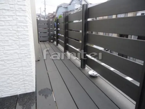 八幡市　高台外構　ガラスブロック門柱　アルミバルコニー 木製調樹脂フェンス ボーダーライン