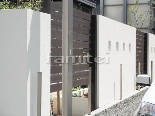 和歌山市　リフォーム庭周り　アルミ鋳物門扉 LIXIL ユーフォス２　木製調アルミ目隠しフェンス プランパーツ