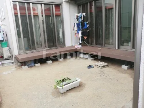 堺市　シンプル和モダン外構　アプローチスロープ階段タイル貼 木製調アルミ角材プランパーツ