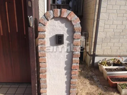 吹田市　門まわりリフォーム　インターロッキング　塗り壁門柱