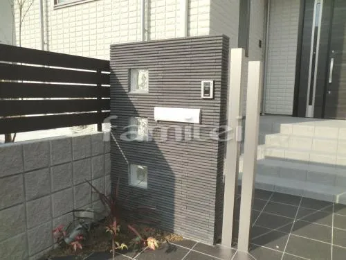 和歌山市 新築オープン外構 ガラスブロック門柱 目隠しフェンス塀 勝手口門扉 プレリオＲ4型 LIXIL
