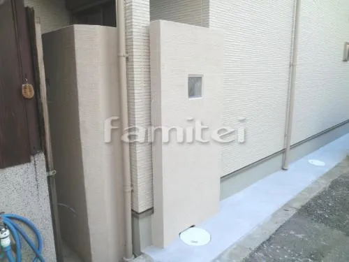 大阪市 新築オープン外構 ガラスブロック門柱 デザイン木製調アルミ角材75角