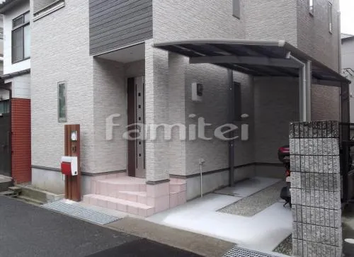 神戸市 新築オープン外構 角柱門柱 木製調アルミ角材 プランパーツ カーポート プライスポート1台用