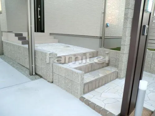 三木市 新築オープン外構 石調門柱 化粧ブロック スクリーンブロック サンルーム レギュラーサンルーム
