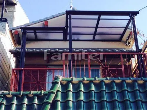 堺市中区 エクステリア工事 ベランダ屋根 レギュラーテラス屋根 2階用 Ｒ型アール屋根 出幅違い2ヶ所設置