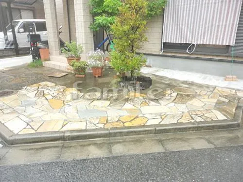 和歌山市 リフォーム部分工事 玄関アプローチ 洗い出し撤去 床石貼り 乱形石 石英岩