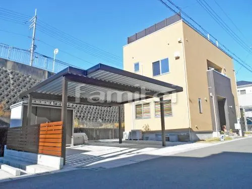 奈良市 エクステリア工事 リフォームシンプル オープン外構 ガレージまわり 駐車場屋根 物置 フェンス 犬走り