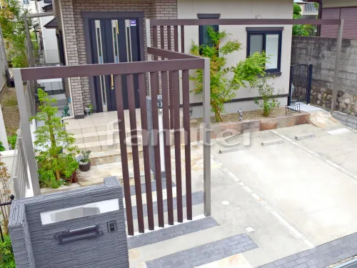 宝塚市 リフォームハイクラス オープン外構 玄関まわり 門柱 アーチ アプローチ 袖壁 照明 手すり 植栽