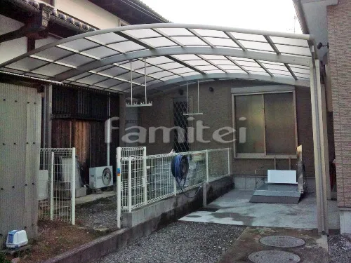 和泉市 エクステリア工事 カーポート プライスポート 横2台用(ワイド ツイン) R型アール屋根 水平式物干し