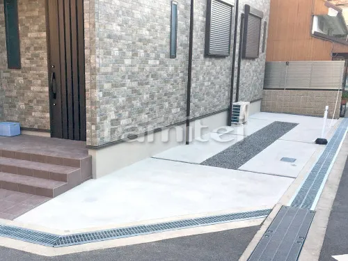 貝塚市 外構工事 新築シンプル オープン外構 玄関まわり 門柱 アプローチ 土間コンクリート サイクルポート