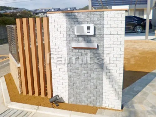 海南市 新築シンプル オープン外構 玄関まわり 門柱 ポスト 照明 アプローチ カーポート フェンス 洗濯干し屋根
