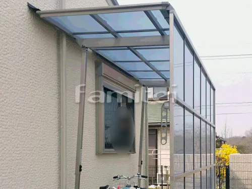 加東市 エクステリア工事 独立式テラス屋根 LIXILリクシル フーゴF 1階用 F型フラット屋根 隙間カバー 水平式物干し 目隠しパネル(正面)3段