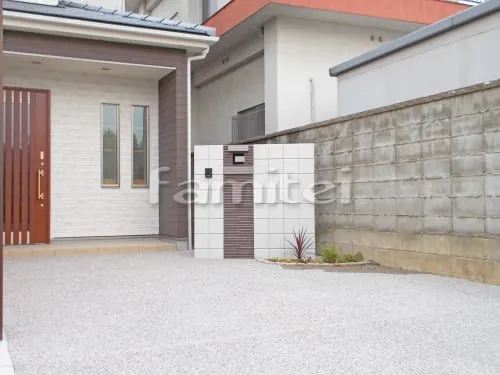 和泉市 新築シンプル オープン外構 アプローチ 門柱 カーポート 洗濯干し屋根