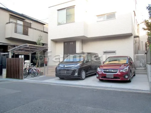 吹田市 新築ベーシック オープン外構 機能門柱 アプローチ 自転車バイク屋根 駐車場ガレージ床 シンボルツリー タイルデッキ 勝手口門扉 物置