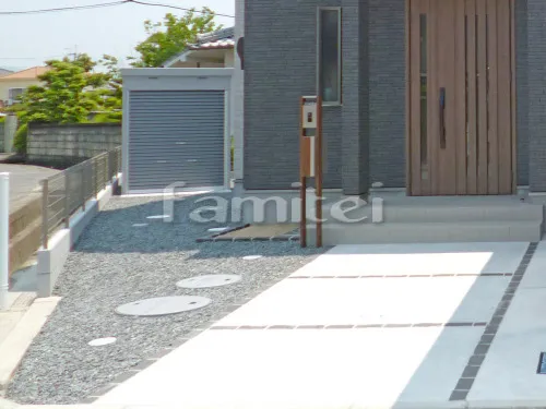 和歌山市 新築ベーシック オープン外構 アプローチ 門柱 カーポート 土間コンクリート イナバ物置 洗濯干し屋根