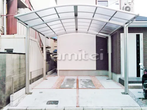 東大阪市 エクステリア工事 カーポート YKKAP レイナポートグラン 横2台用(ワイド ツイン) R型アール屋根