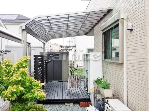 奈良市 エクステリア工事 雨除け屋根 レギュラーテラス屋根 1階用 R型アール屋根 物干し