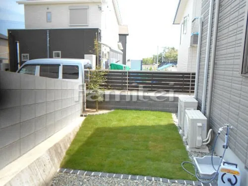 和歌山市 新築シンプル オープン外構 門柱 手すり サイクルポート 目隠しフェンス 芝生