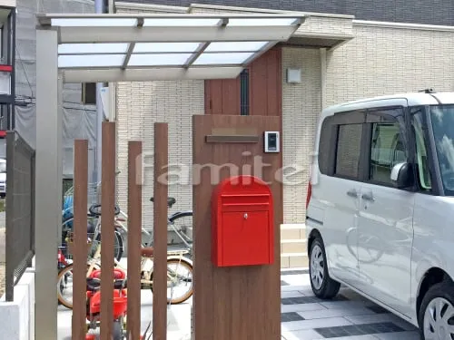 草津市 新築シンプル オープン外構 玄関まわり 門柱 アプローチ サイクルポート