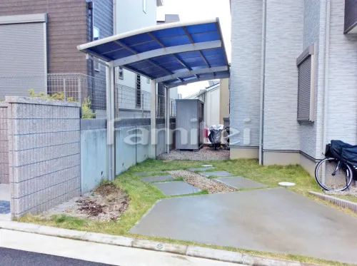茨木市 エクステリア工事 カーポート YKKAP レイナポートグラン 縦1.5台用(1台+延長 縦連棟) R型アール屋根