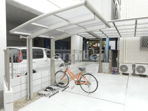 摂津市 エクステリア工事 自転車バイク屋根 YKKAP レイナポートグランミニ 駐輪場屋根 サイクルポート R型アール屋根