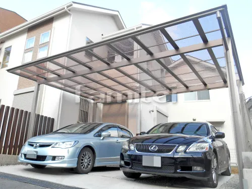奈良市 リフォームシンプル オープン外構 門柱 角柱 テラス屋根 照明 カーポート シャッター 面格子 目隠しフェンス