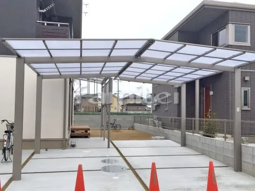 海南市 新築シンプル オープン外構 門柱 アプローチ カーポート 土間コンクリート テラス屋根