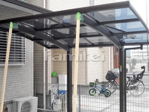 長岡京市 エクステリア工事 自転車バイク屋根 YKKAP レイナポートグランミニ 駐輪場屋根 サイクルポート R型アール屋根