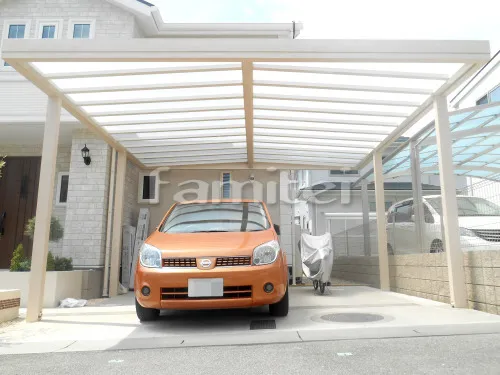 奈良市 駐車場ガレージ リフォーム外構 木製調カーポート LIXILリクシル プラスG カールーフ 横2台用(ワイド ツイン) F型フラット屋根