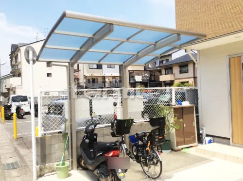 京都市西京区 エクステリア工事 自転車バイク屋根 YKKAP レイナポートグランミニ 駐輪場屋根 サイクルポート R型アール屋根