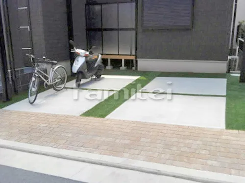 堺市西区 リフォーム工事 駐車場ガレージ 本物そっくり人工芝 防草シート加工
