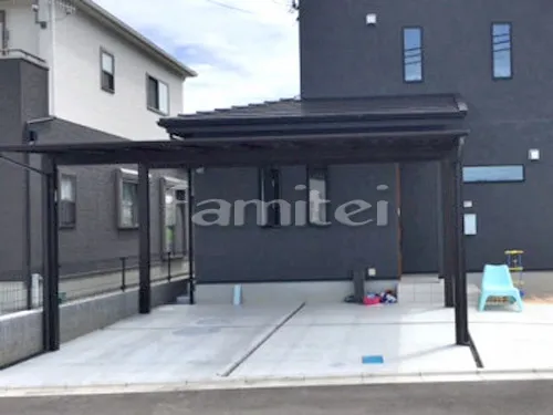 和歌山市 新築ベーシック オープン外構 カーポート YKKAP エフルージュグラン 横2台用(ワイド ツイン) F型フラット屋根 土間コンクリート