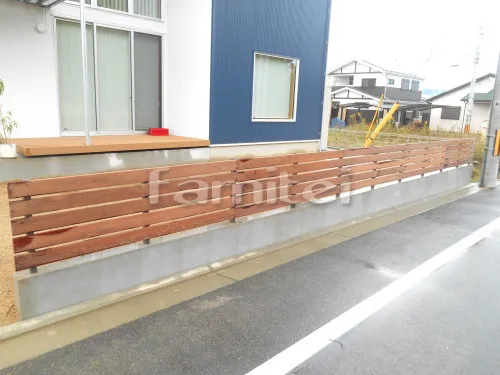 木津川市 新築オープン外構 アプローチ 土間コンクリート ウッドデッキ 砂利 物置 フェンス
