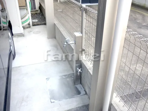 茨木市 リフォーム庭園工事 激安目隠しフェンス塀 プランパーツ アルミ平板 立水栓 ユニソン スプレスタンド  蛇口2個シルバー