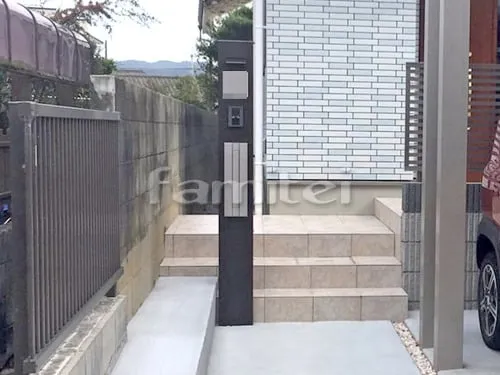 和歌山市 新築ベーシック オープン外構 二世帯 アプローチ スロープ 門柱 カーポート サイクルポート 土間コンクリート フェンス