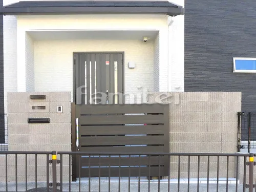 川西市 新築ベーシック セミクローズ外構 門扉 門袖 照明 ポスト 境界フェンス