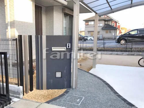 彦根市 新築シンプル オープン外構 門柱 アプローチ カーポート 土間コンクリート