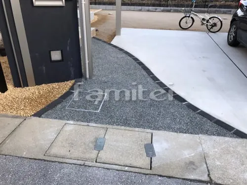 彦根市 新築シンプル オープン外構 門柱 アプローチ カーポート 土間コンクリート