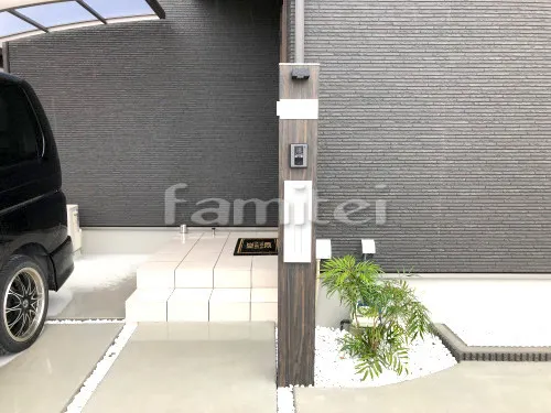 和歌山市 新築ベーシック オープン外構 機能門柱 TAKASHOタカショー シンプルスタイル 表札灯ライト照明 LIXILリクシル LPK-34型 カーポート LIXILリクシル ネスカR 1台用(単棟) R型アール屋根
