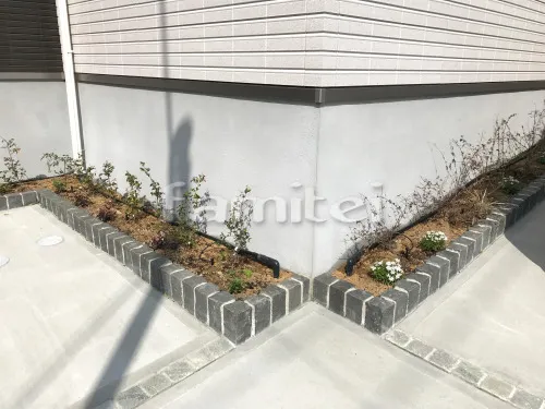 西宮市 新築シンプル オープン外構 玄関まわり アプローチ 門柱 植栽