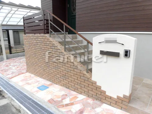 宝塚市 新築ナチュラル オープン外構 玄関まわり 門柱 階段 手すり カーポート 土間コンクリート フェンス