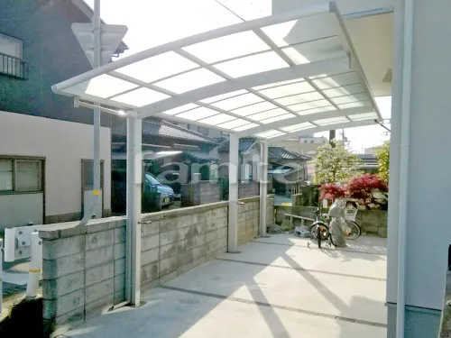 加古川市 エクステリア工事 カーポート YKKAP レイナポートグラン 縦1.5台用(1台+延長 縦連棟) R型アール屋根