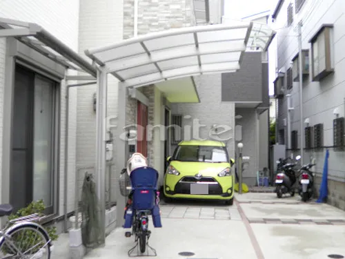 豊中市 エクステリア工事 自転車バイク屋根 YKKAP レイナポートグランミニ 駐輪場屋根 サイクルポート R型アール屋根
